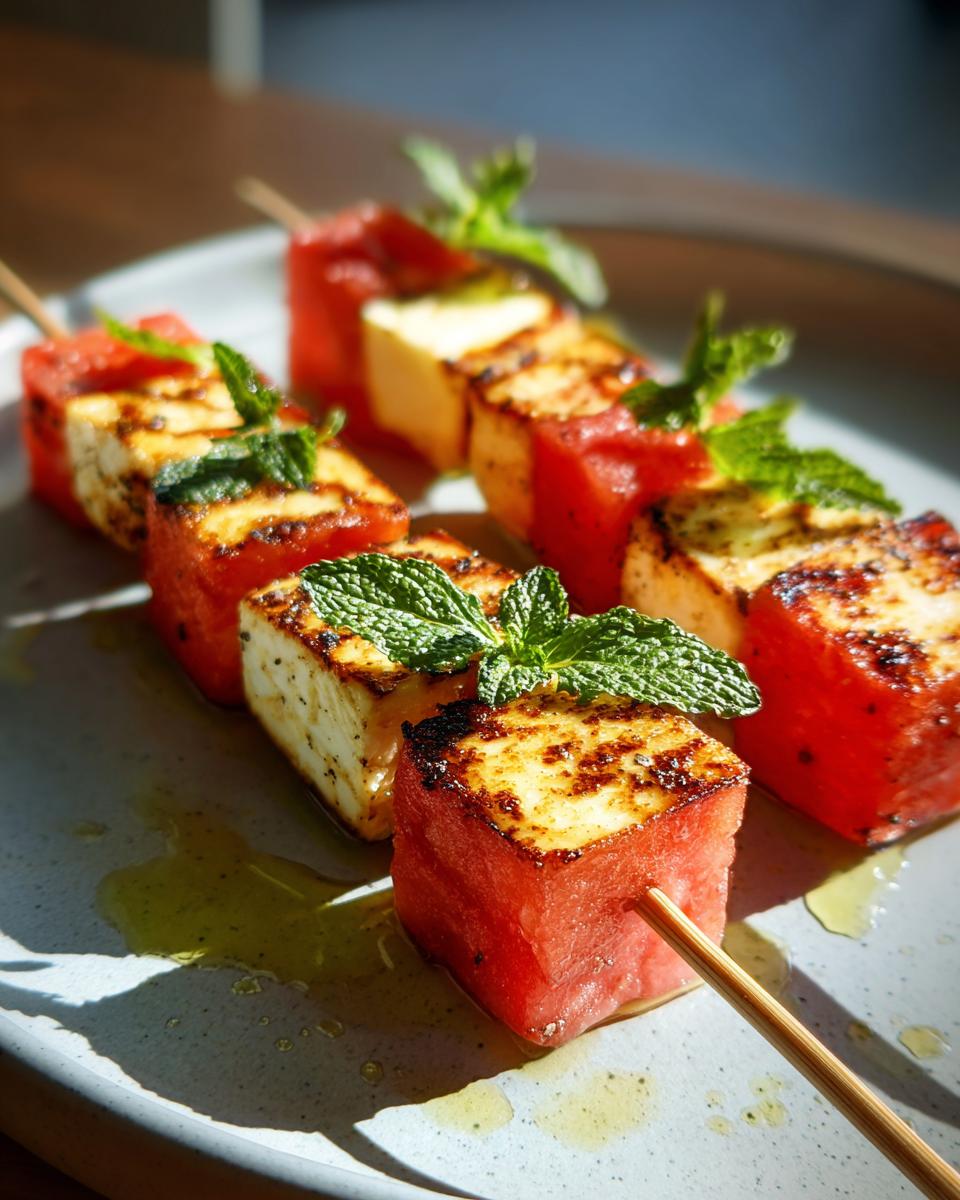 Close-up of grilled watermelon and halloumi cheese skewers, garnished with fresh mint leaves.