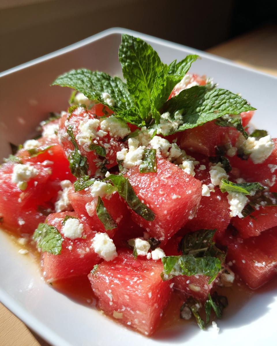 Close-up of a vibrant watermelon salad with mint and salty feta cheese, perfect for summer.
