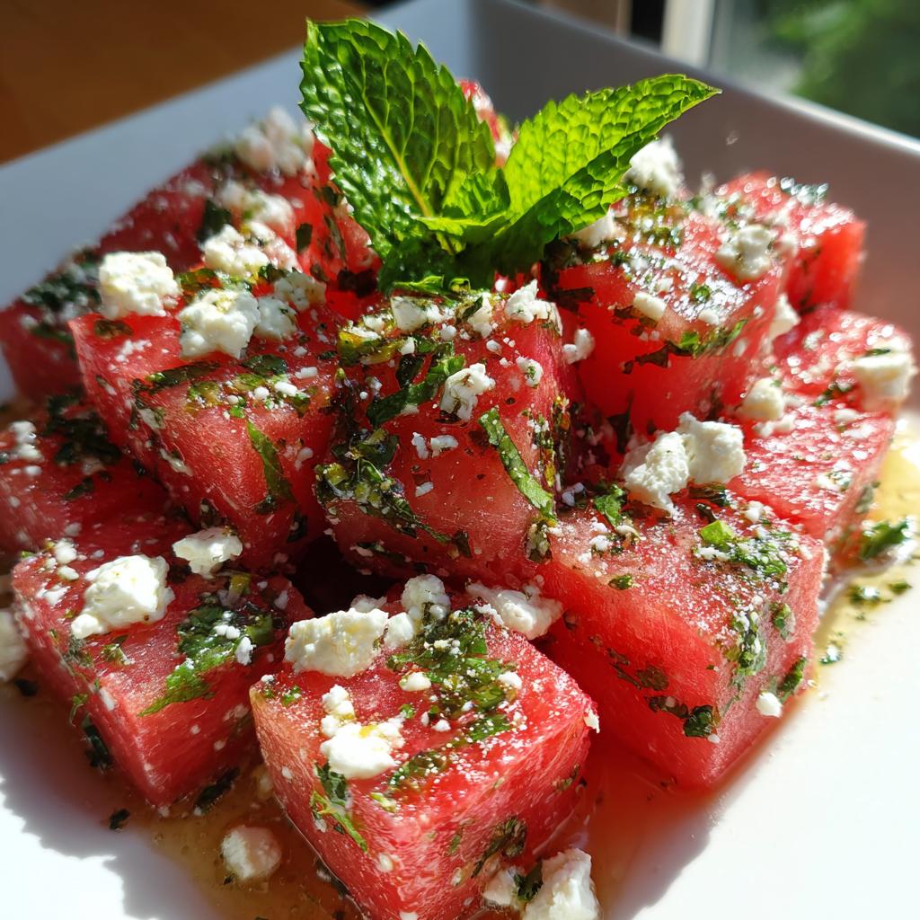 A refreshing summer salad with cubed watermelon, crumbled feta cheese, and fresh mint leaves.