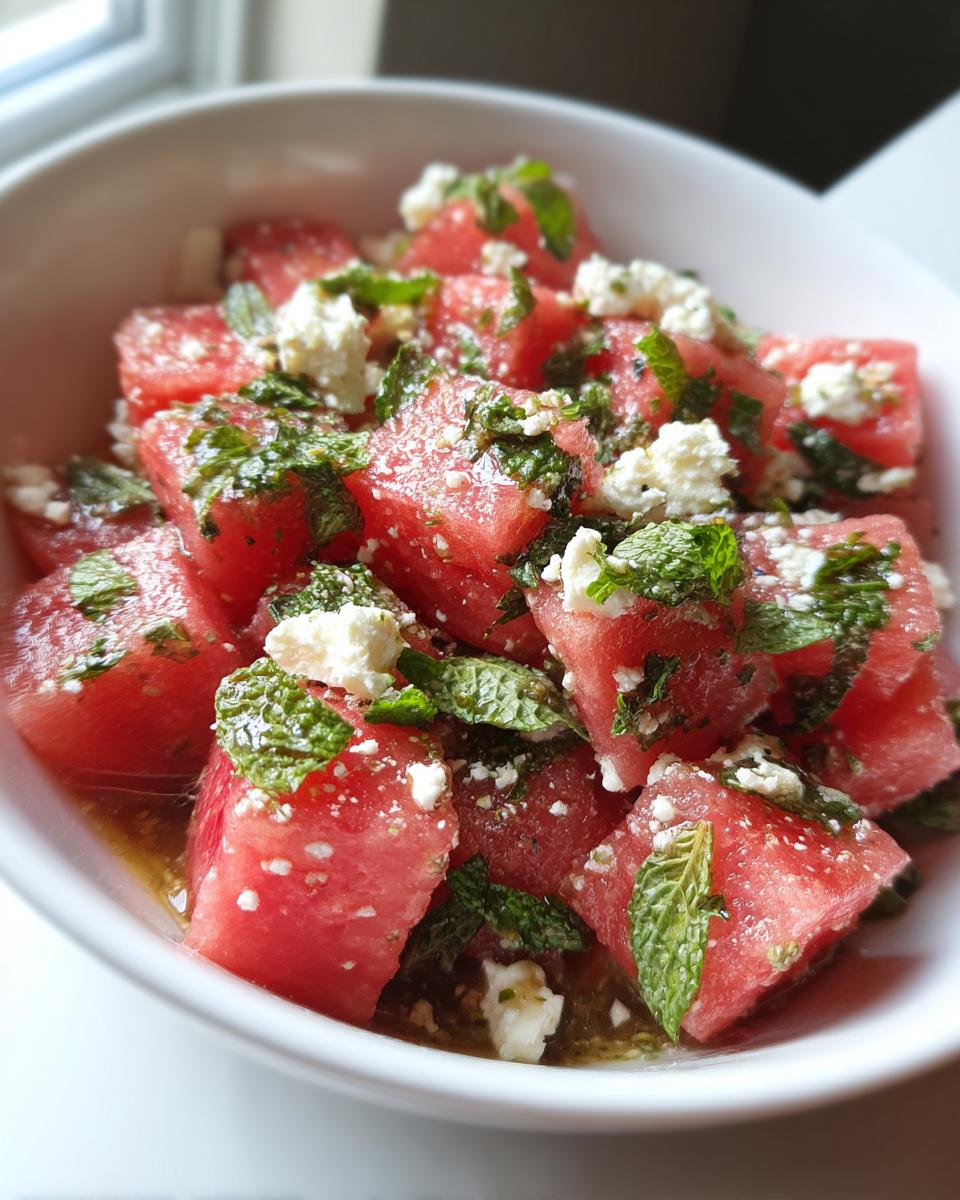 Close-up of a Summer Salad Recipe with Watermelon, Mint, and Salty Feta in a white bowl.