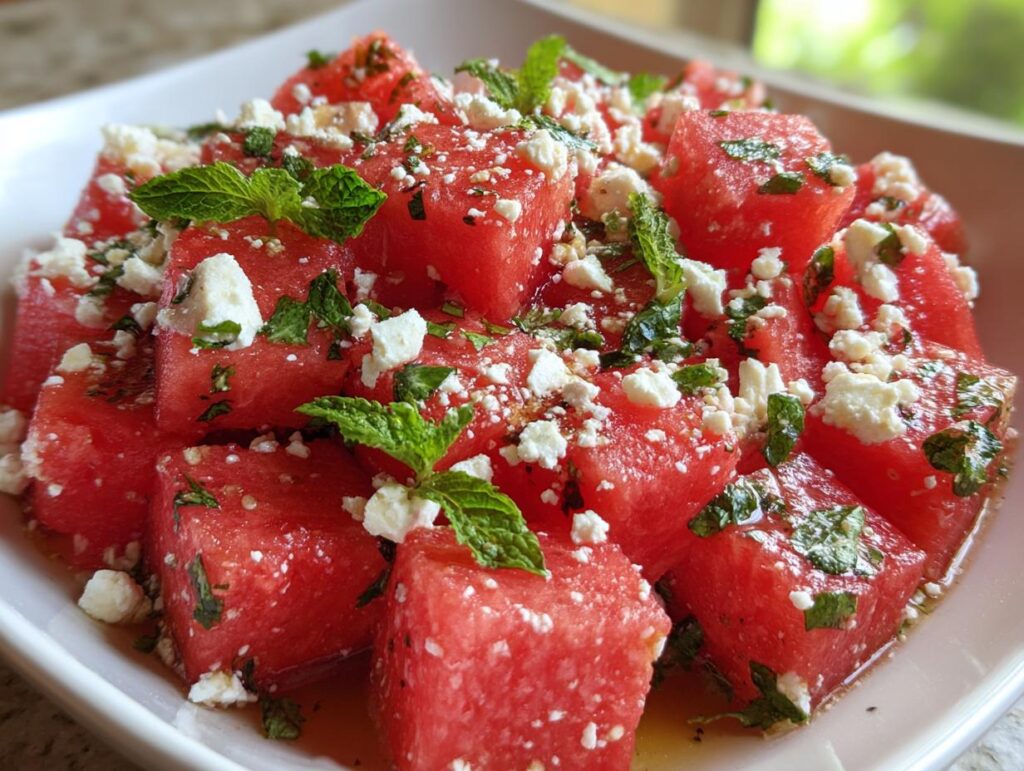 Close-up of a vibrant Summer Salad with Watermelon, Mint, and Salty Feta cheese.