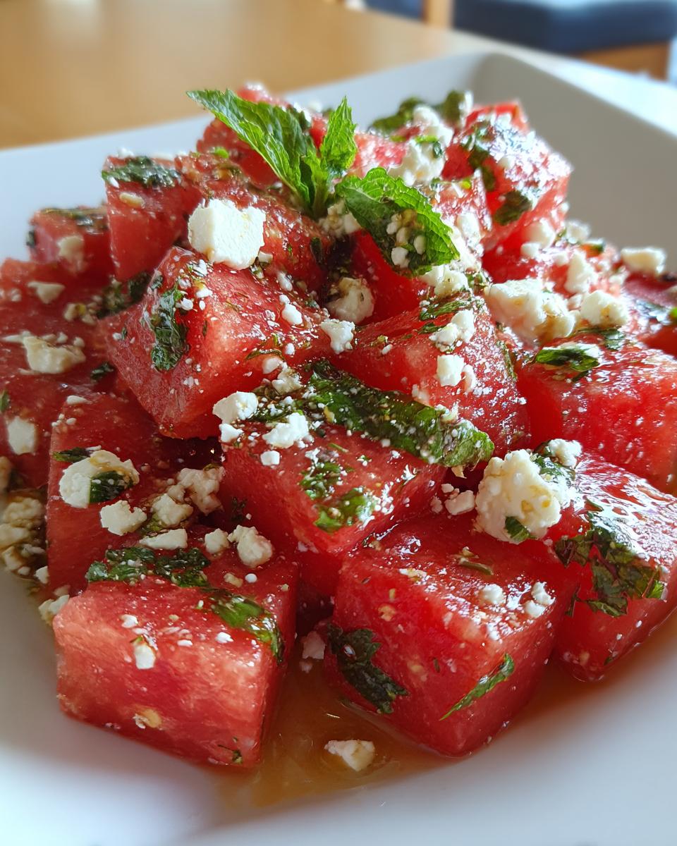 Close-up of a refreshing summer salad with cubed watermelon, crumbled feta cheese, and fresh mint leaves.