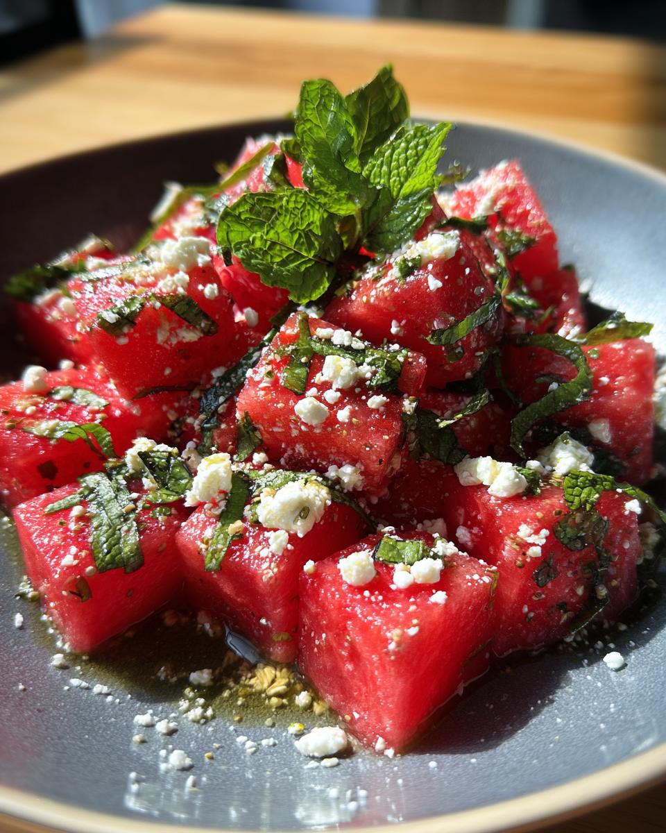 Close-up of a refreshing summer salad with cubed watermelon, crumbled feta cheese, and fresh mint leaves.