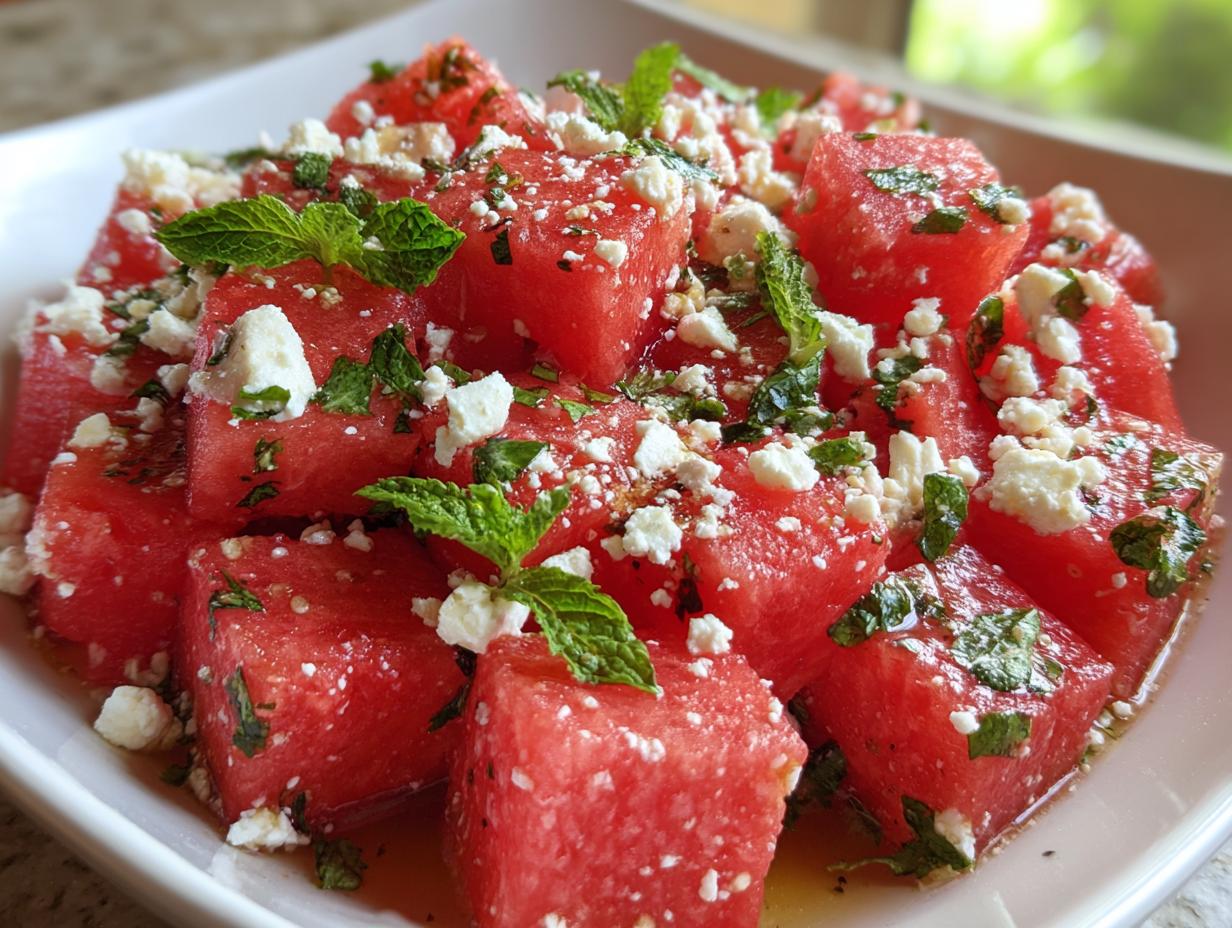 Close-up of a vibrant Summer Salad with Watermelon, Mint, and Salty Feta cheese.