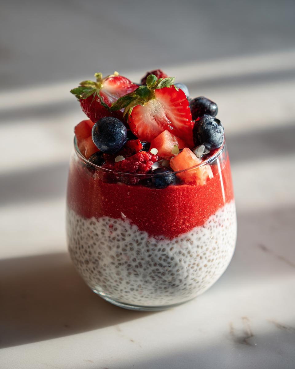 A refreshing chia parfait layered with watermelon puree and topped with fresh strawberries, blueberries, and raspberries.