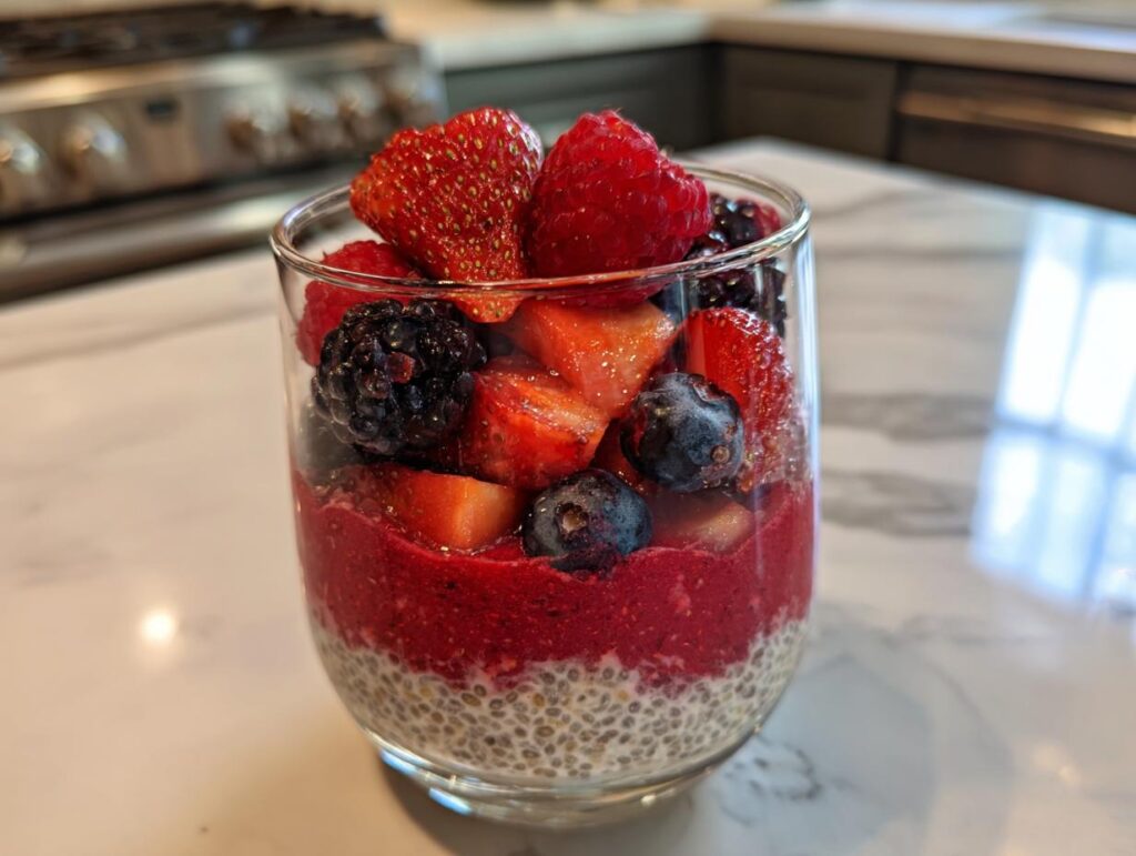 Close-up of a layered chia parfait in a glass, featuring chia pudding, berry puree, and fresh mixed berries.