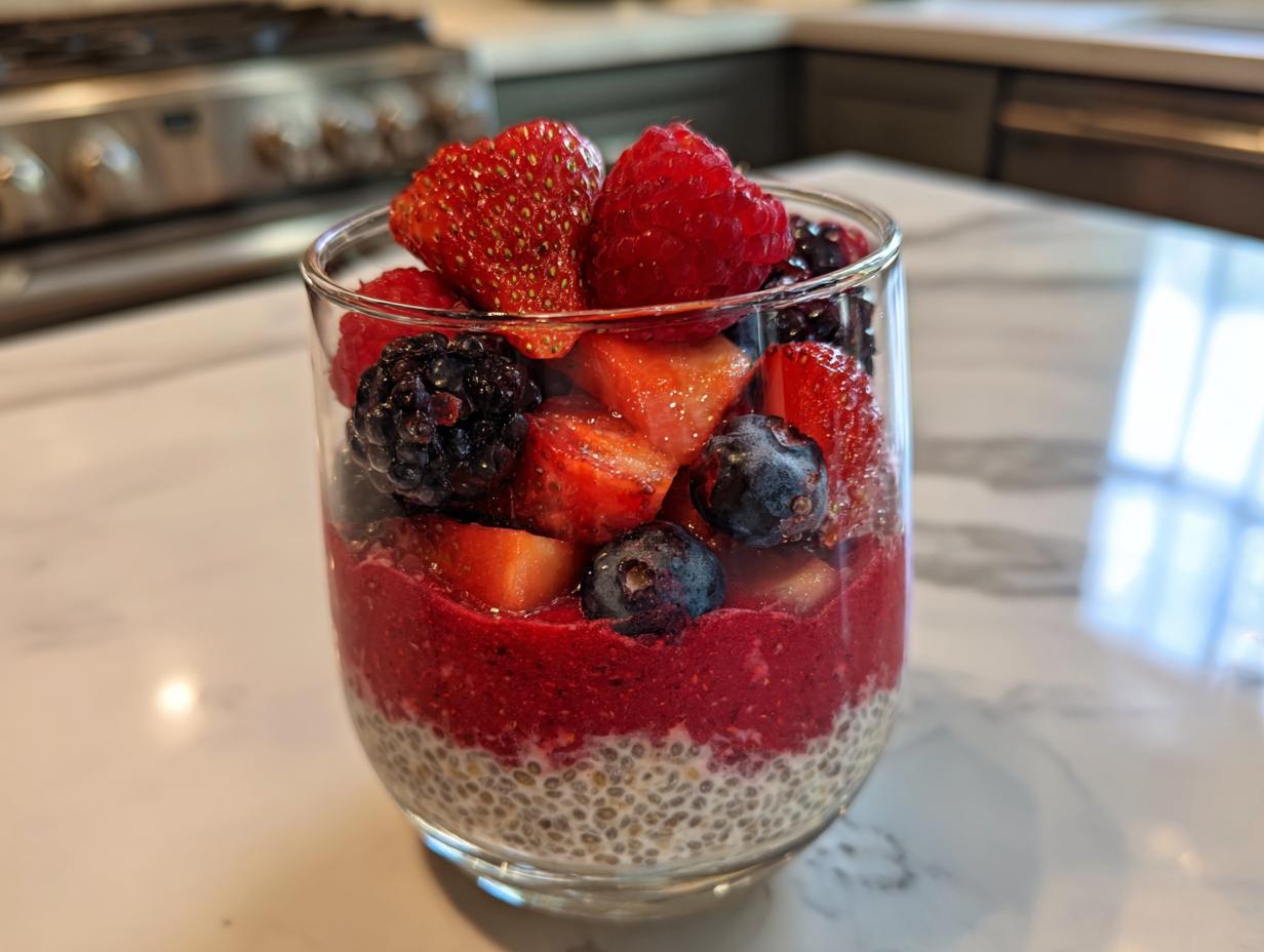 Close-up of a layered chia parfait in a glass, featuring chia pudding, berry puree, and fresh mixed berries.