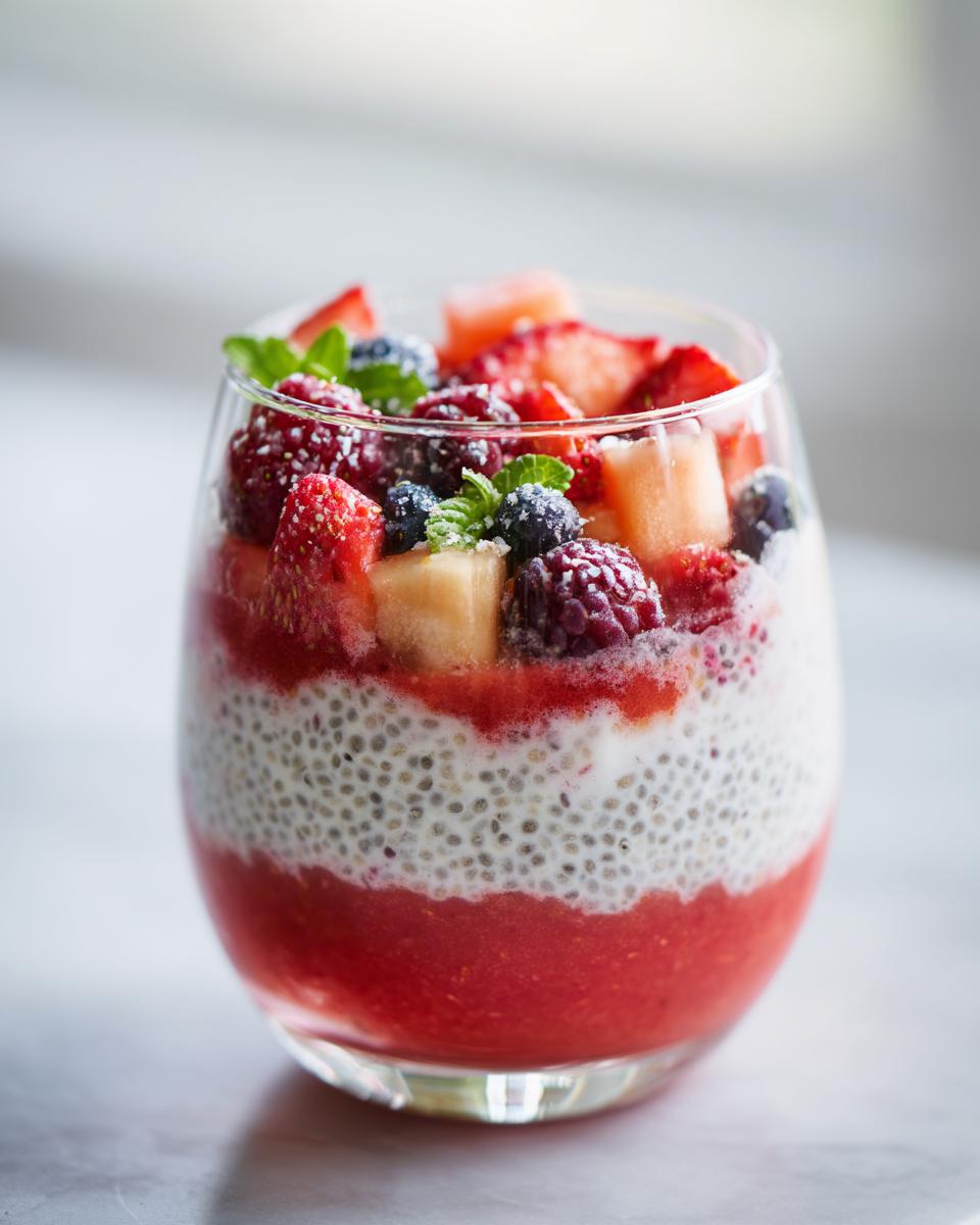 A layered chia parfait in a glass, featuring watermelon, strawberries, blueberries, raspberries, and mint.