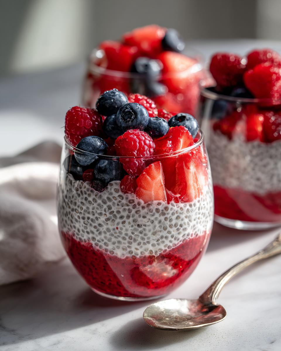 Close-up of watermelon recipes for chia parfaits layered with chia pudding and fresh berries like strawberries, blueberries, and raspberries.