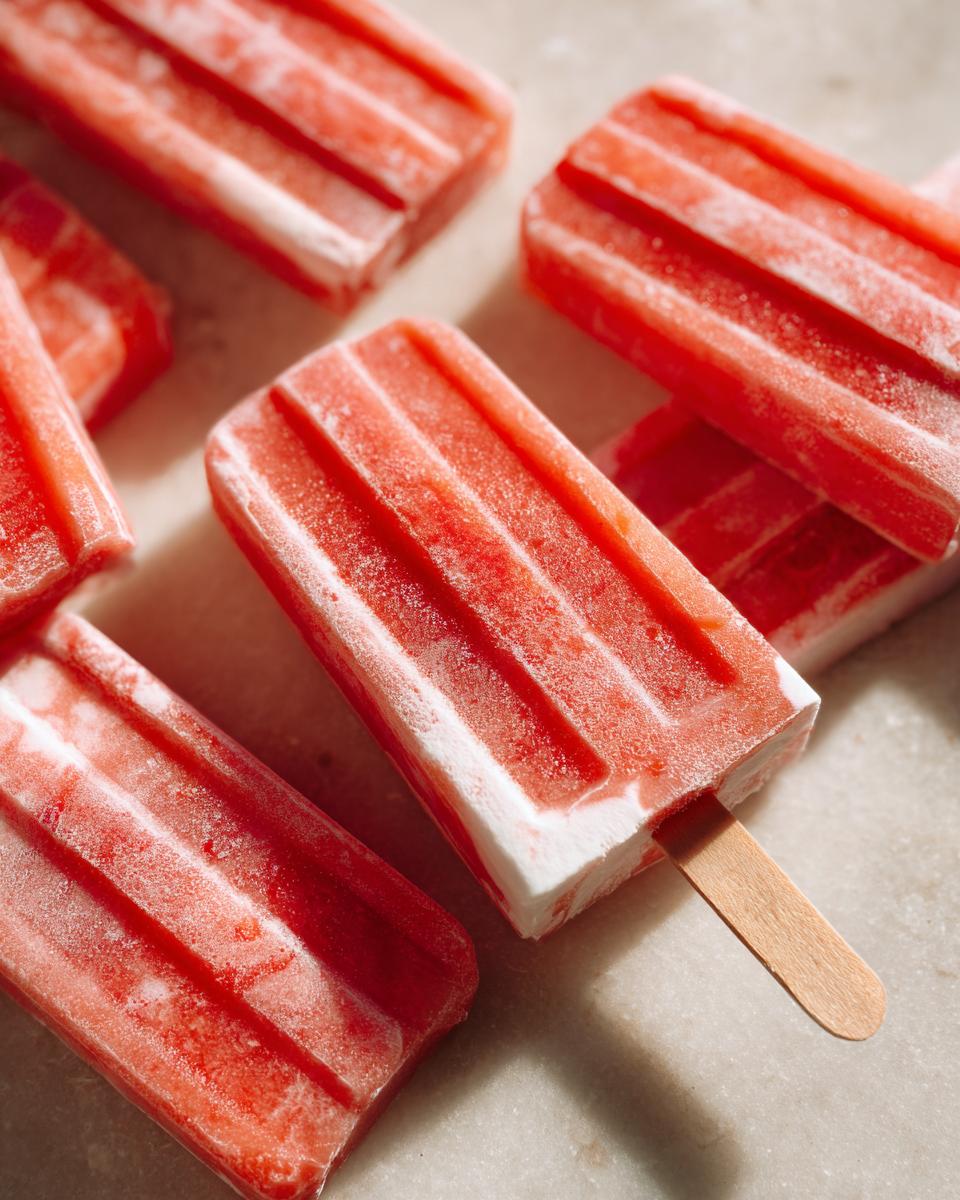 Close-up of several watermelon recipes with coconut lime popsicles, showing their red color and frosty texture.