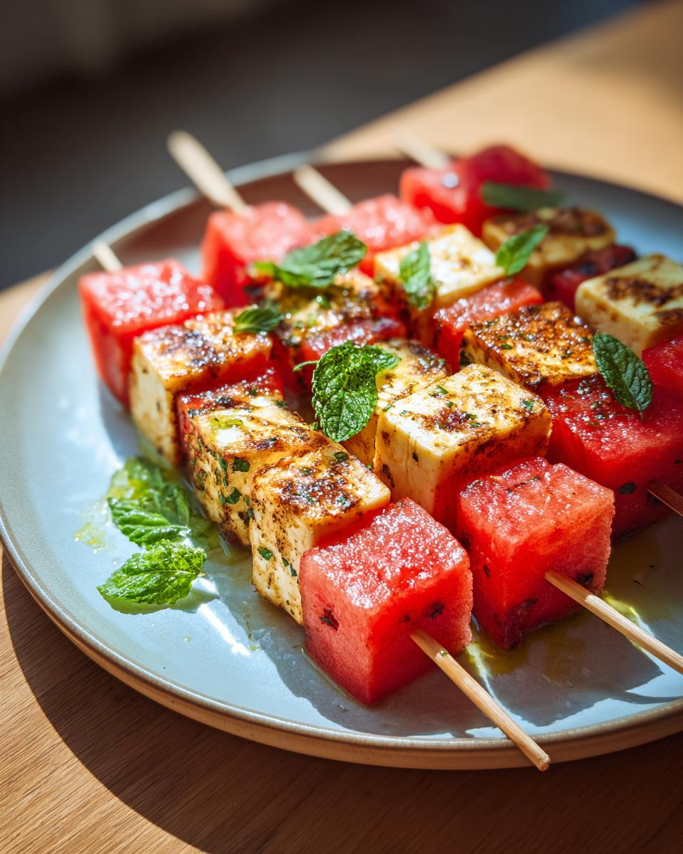 Close-up of grilled watermelon skewers with cubes of halloumi cheese and fresh mint leaves.