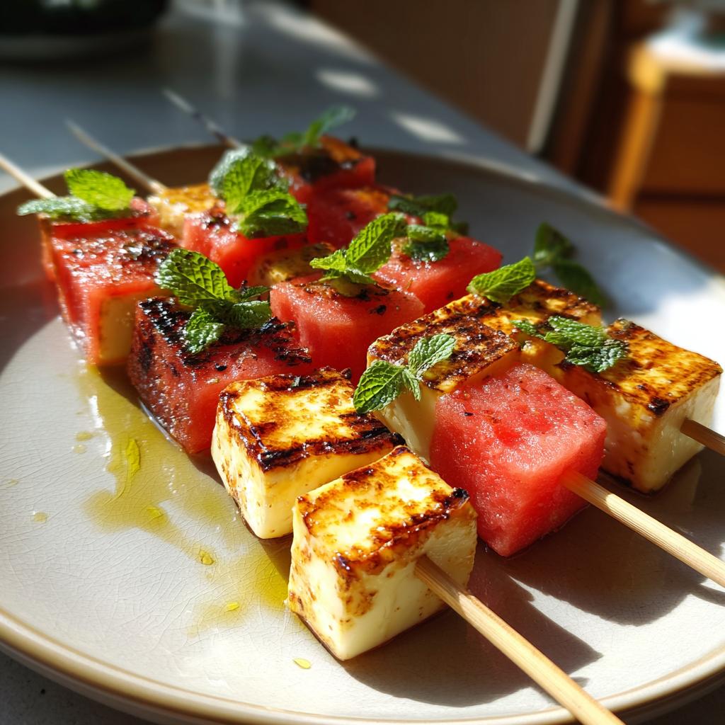 Close-up of grilled watermelon and halloumi cheese skewers, garnished with fresh mint.