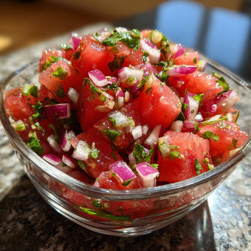 Close-up of a glass bowl filled with fresh watermelon salsa, featuring diced watermelon, red onion, and cilantro.