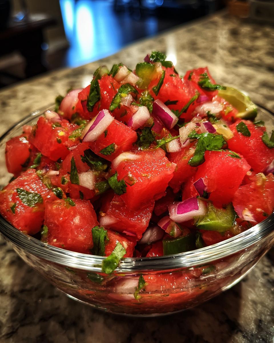 A close-up of a glass bowl filled with fresh watermelon salsa, featuring diced watermelon, red onion, cilantro, and jalapeño.