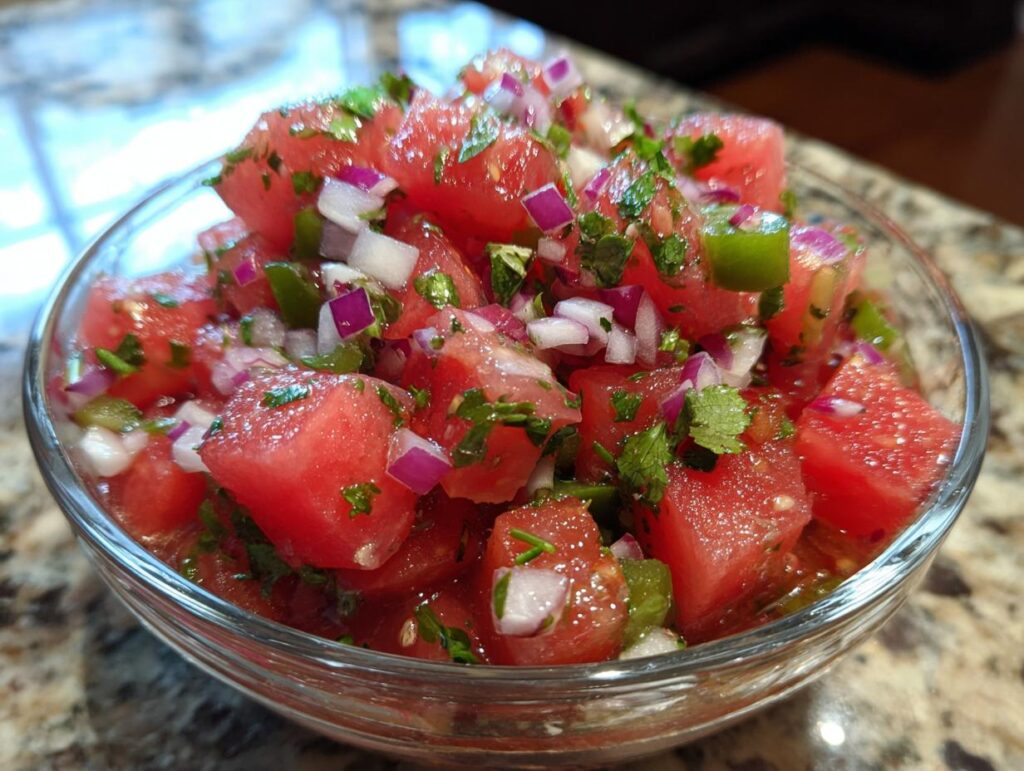 A close-up of a clear bowl filled with fresh watermelon salsa, featuring diced watermelon, red onion, cilantro, and jalapeño.
