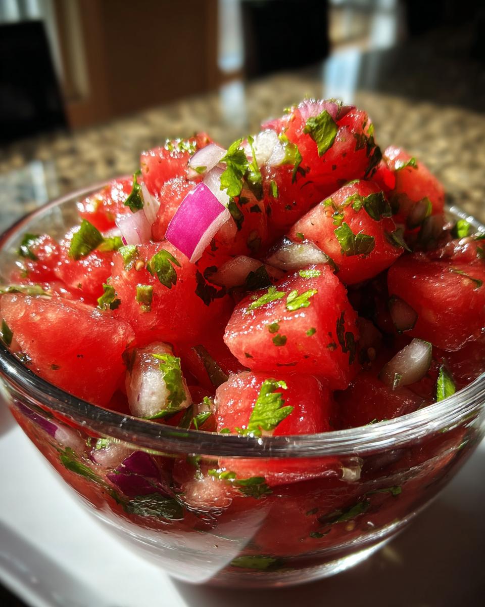 Close-up of a glass bowl filled with fresh watermelon salsa, featuring diced watermelon, red onion, and cilantro.
