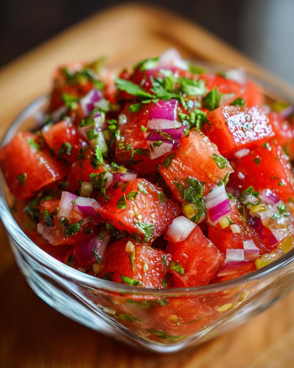 Close-up of a glass bowl filled with fresh watermelon salsa, featuring diced watermelon, red onion, and cilantro.