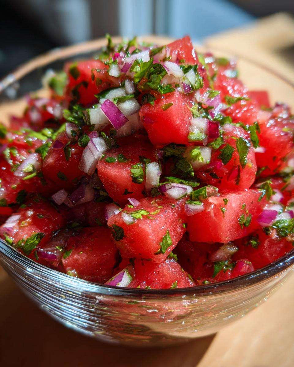 Close-up of a clear bowl filled with fresh watermelon salsa, featuring diced watermelon, red onion, and cilantro.