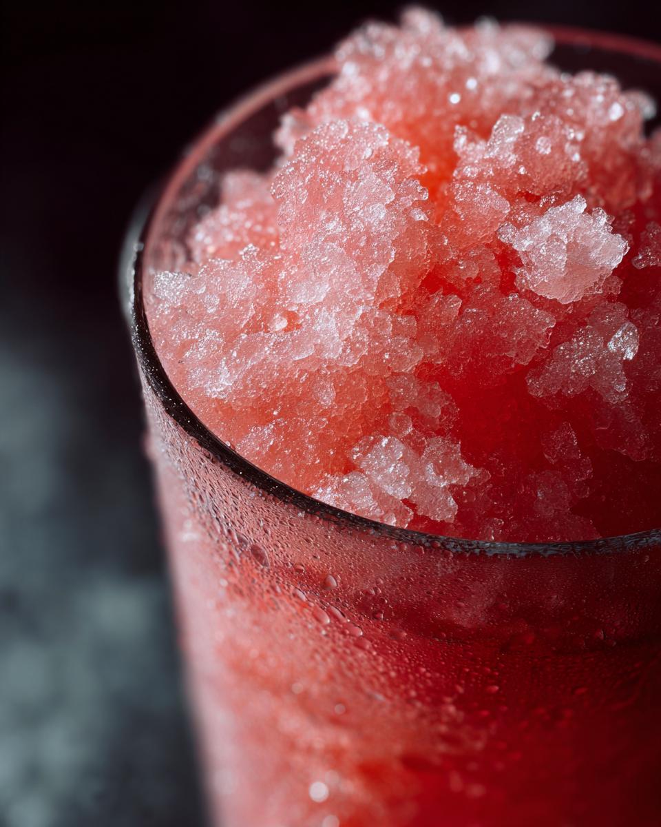 Close-up of a tall glass filled with a vibrant pink watermelon slushy, condensation on the glass.