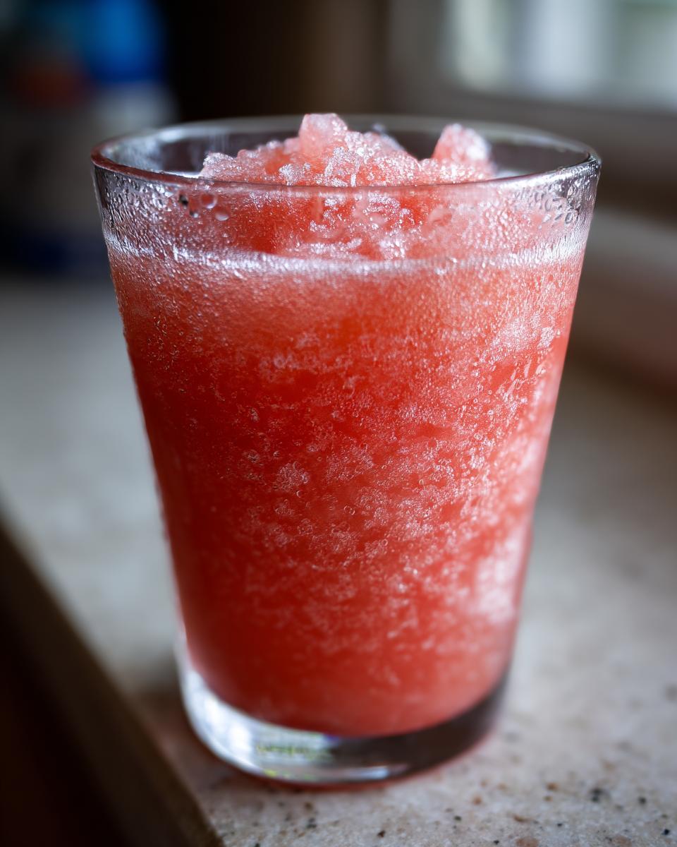 A tall glass filled with a frosty, pink watermelon slushy, perfect for a hot day.