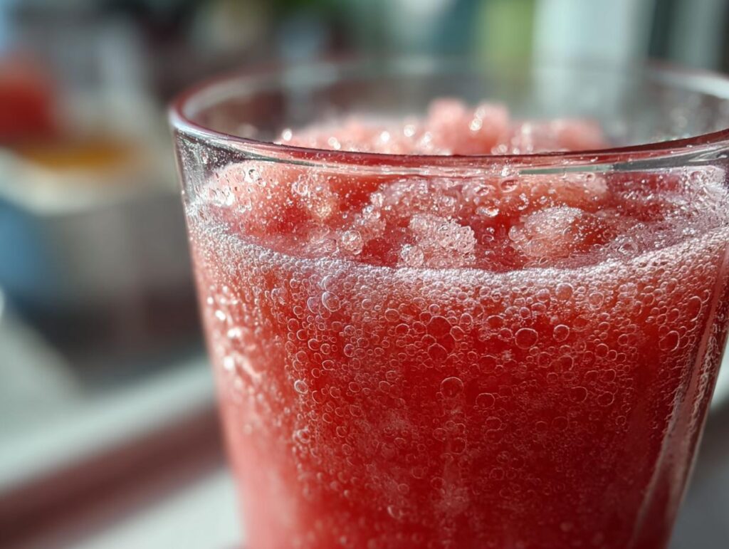 Close-up of a glass filled with a vibrant red watermelon slushy, showing ice crystals and effervescent bubbles.