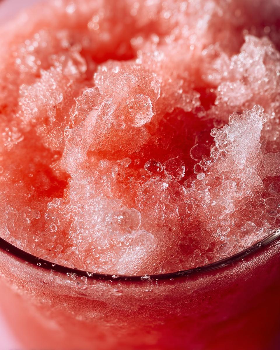 Close-up of a refreshing watermelon slushy drink in a glass, showing icy texture and vibrant pink color.