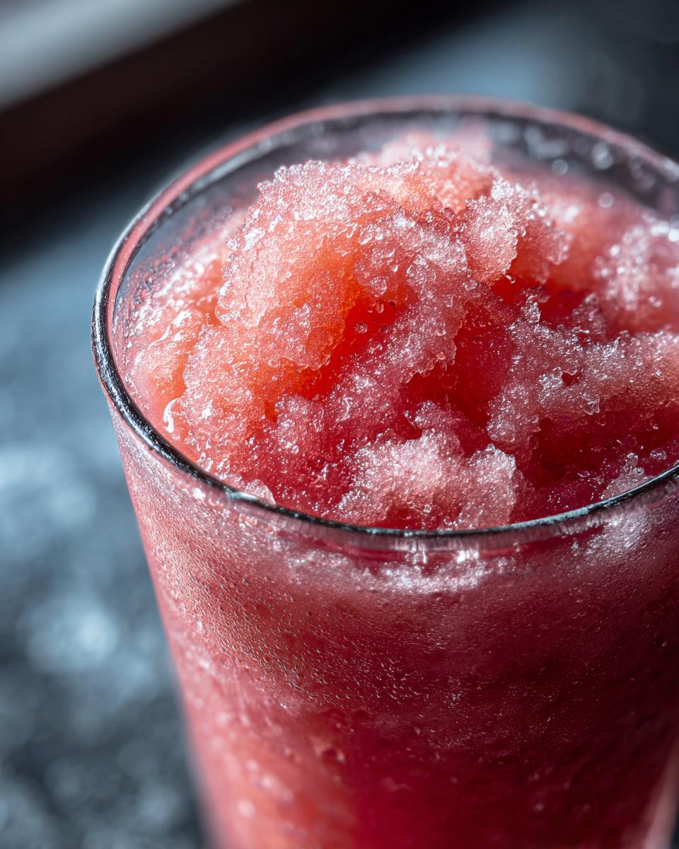 Close-up of a frosty glass filled with a vibrant red watermelon slushy.