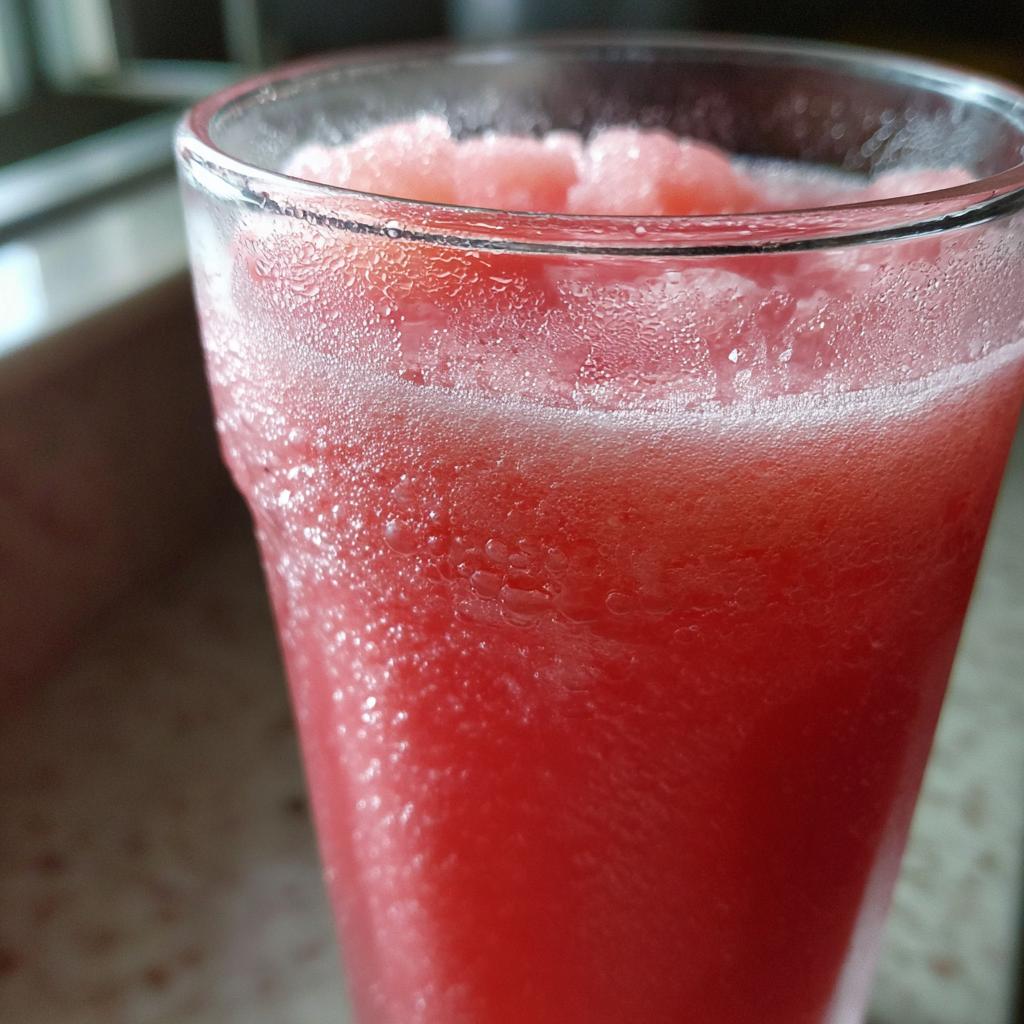 Close-up of a tall glass filled with a vibrant pink watermelon slushy, condensation on the glass.