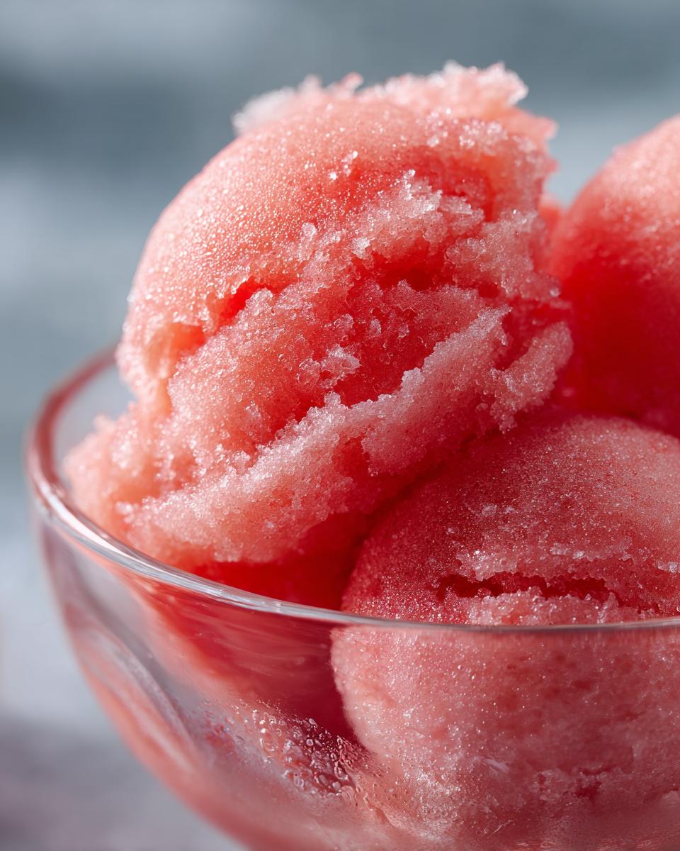 Close-up of scoops of bright pink watermelon sorbet in a clear glass bowl.