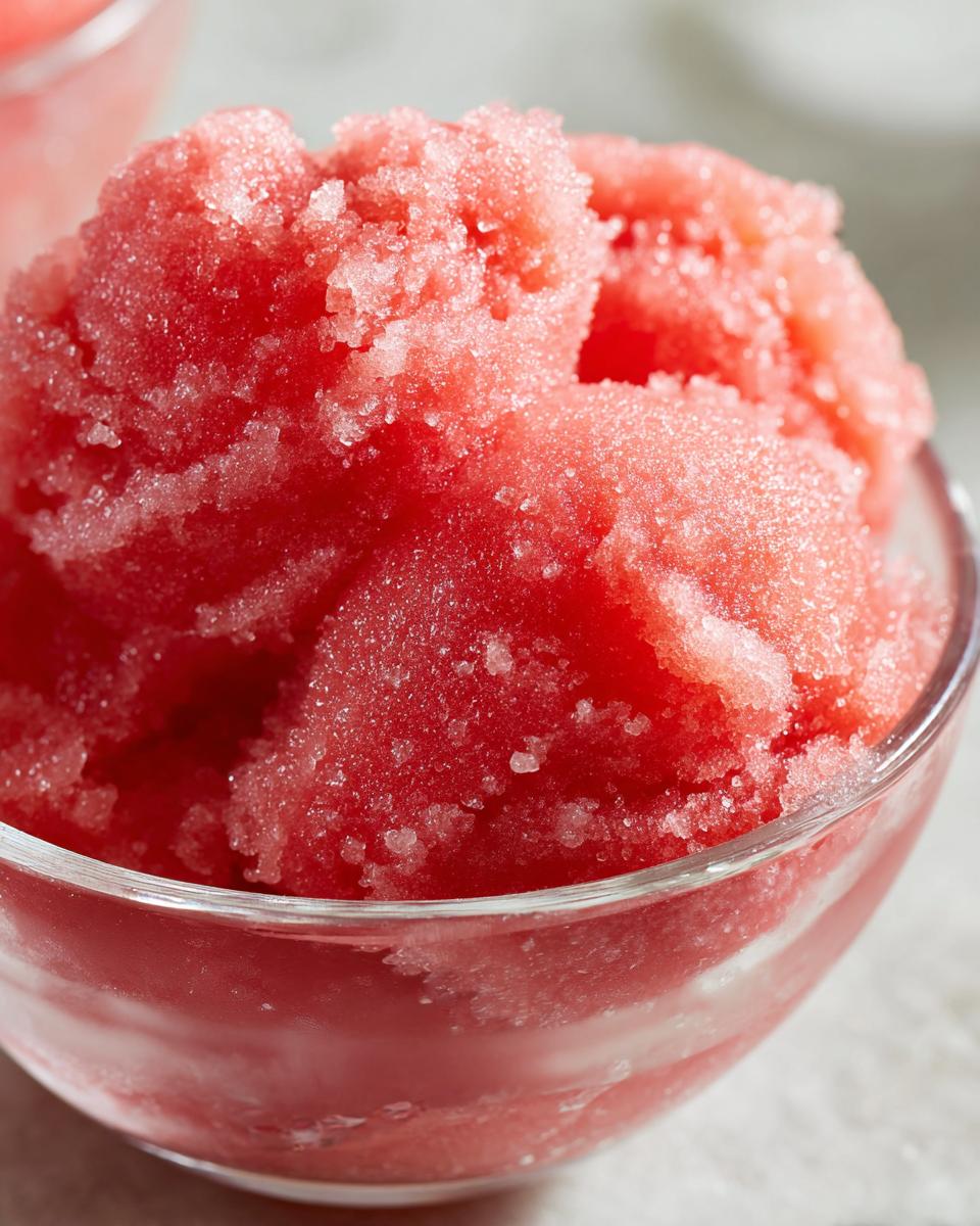 Close-up of a bowl filled with vibrant pink watermelon sorbet, showcasing its icy texture.