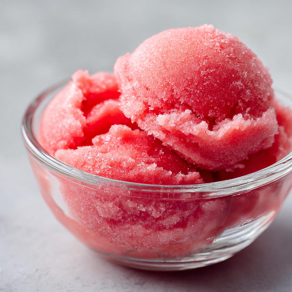 A close-up of a glass bowl filled with scoops of vibrant pink watermelon sorbet.