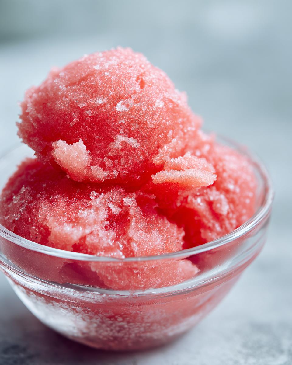 Close-up of two scoops of vibrant pink watermelon sorbet in a clear glass bowl.