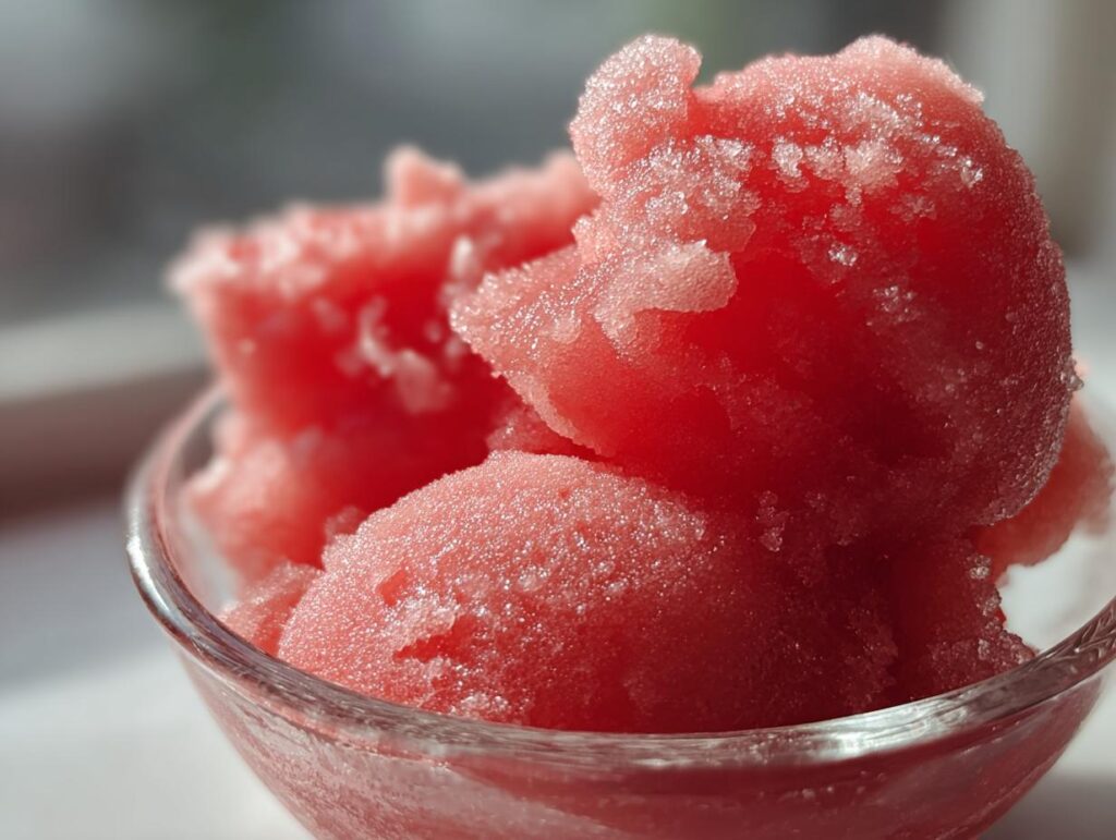 Close-up of scoops of bright pink watermelon sorbet in a glass bowl, perfect for a refreshing watermelon recipe.