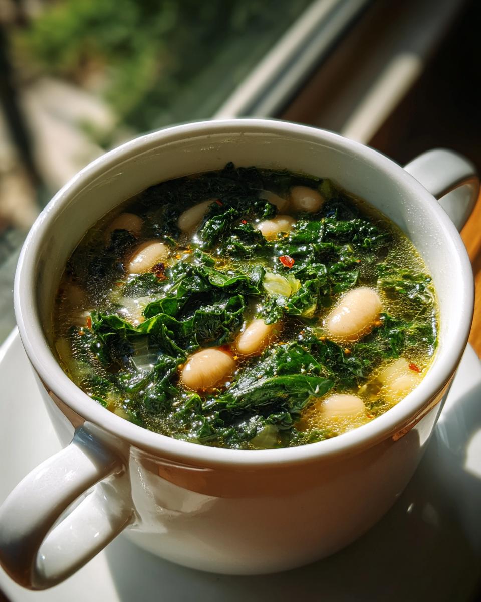A steaming bowl of white bean kale soup, showcasing tender white beans and vibrant kale in a savory broth.