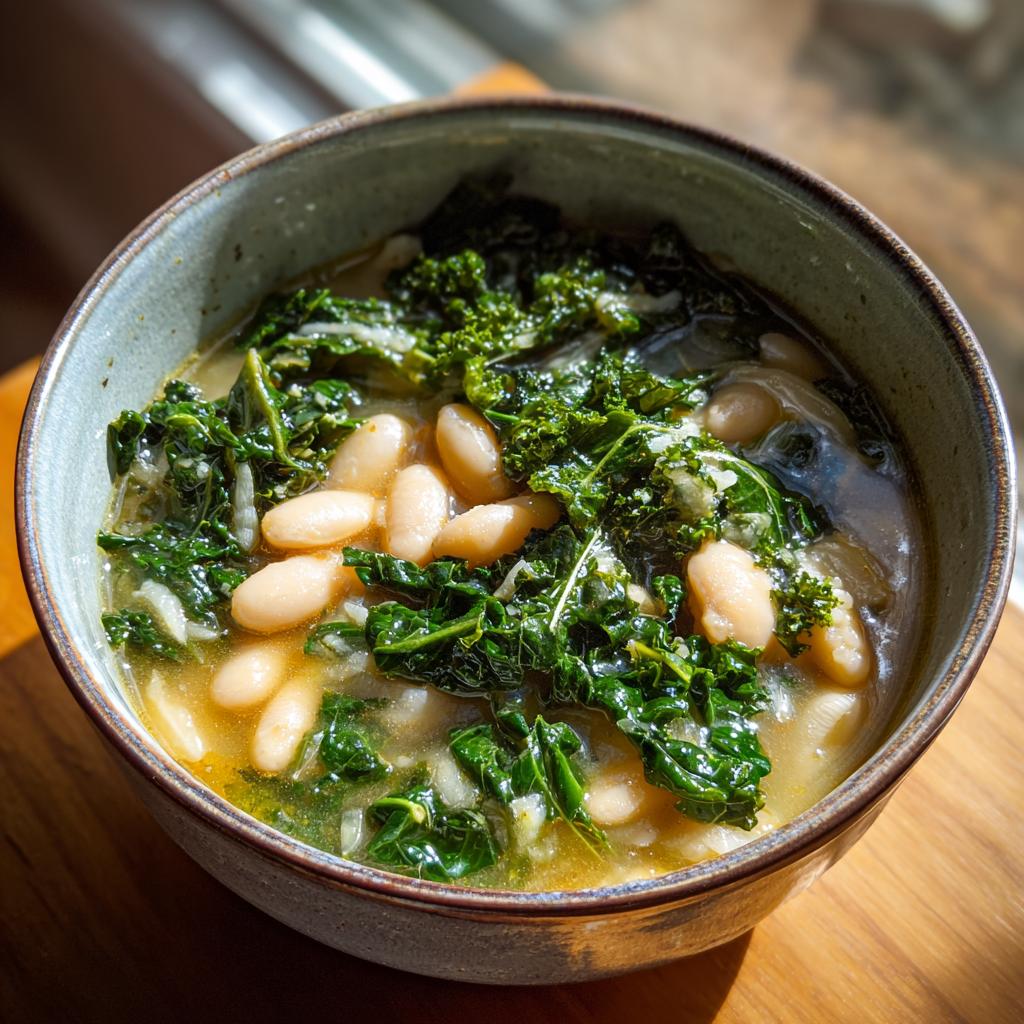 A bowl of hearty white bean kale soup, showcasing tender white beans and vibrant green kale in a savory broth.