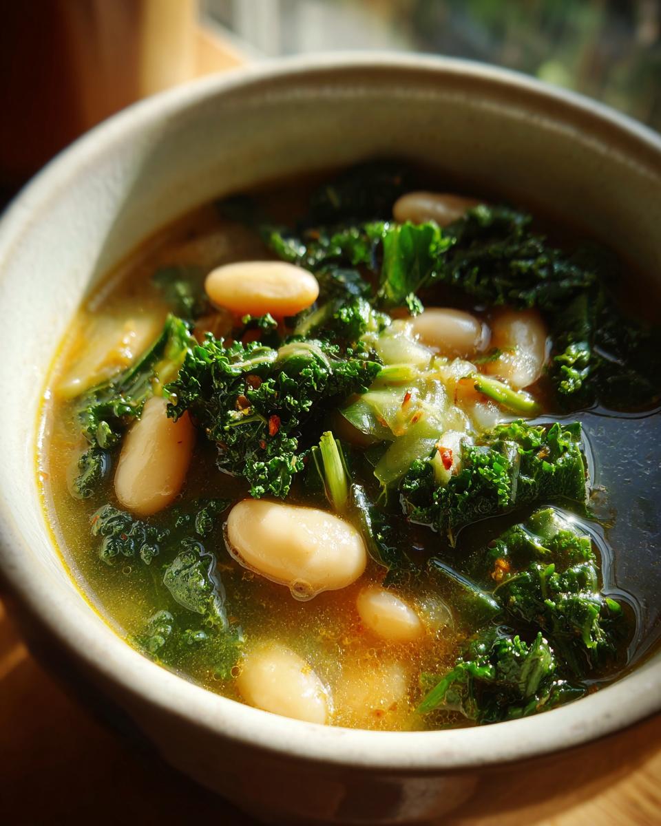 Close-up of a bowl of white bean kale soup, showcasing tender white beans and vibrant green kale in a flavorful broth.