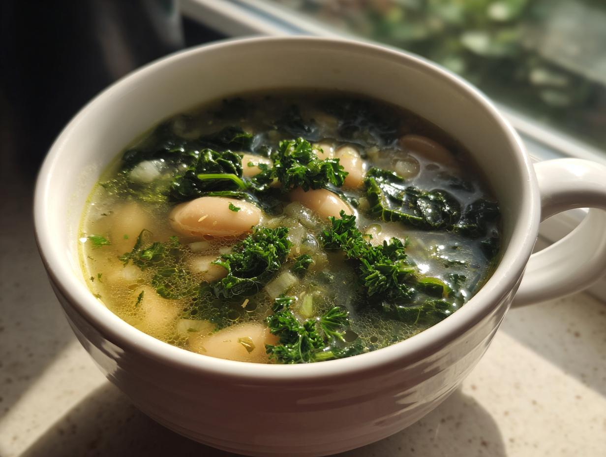 A close-up of a bowl of white bean kale soup, featuring tender white beans, vibrant kale, and a sprinkle of fresh parsley.