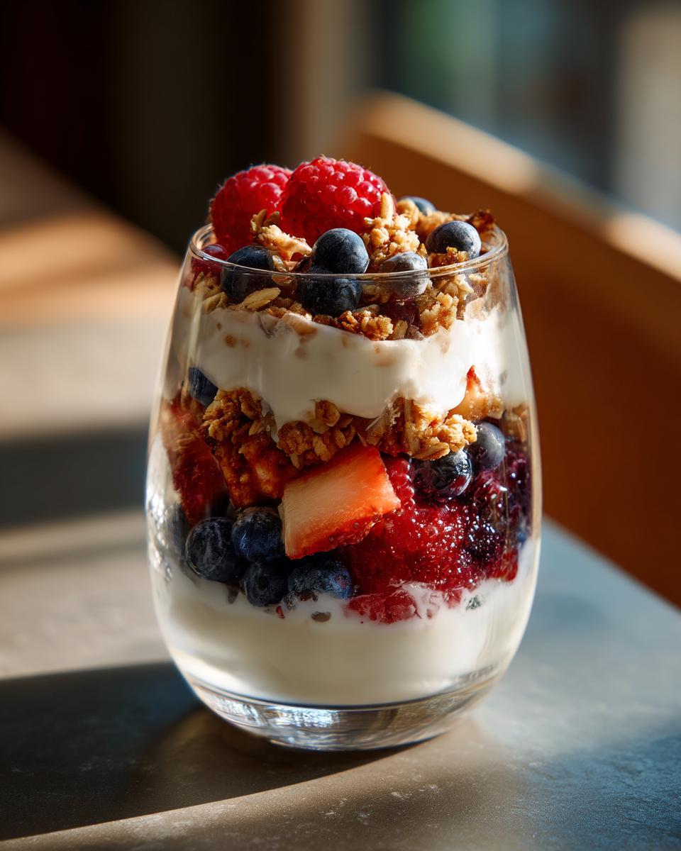 A layered yogurt parfait with fresh berries, granola, and yogurt, showcasing breakfast ideas that keep yogurt parfaits fresh and crunchy.