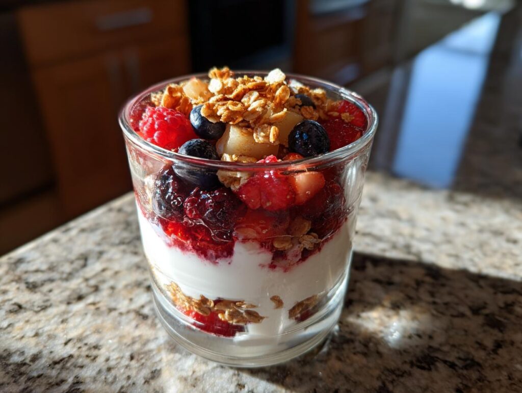A refreshing yogurt parfait layered with fresh berries, crunchy granola, and yogurt, perfect for breakfast ideas.
