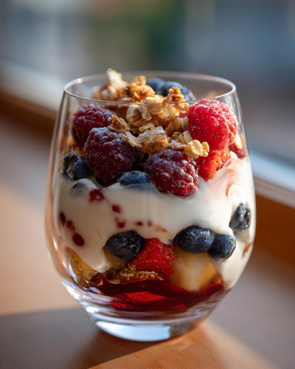 A refreshing yogurt parfait layered with fresh berries, granola, and yogurt, perfect for breakfast ideas.