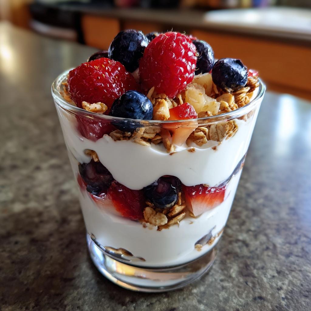 A layered yogurt parfait with fresh berries, granola, and yogurt, perfect for breakfast ideas.