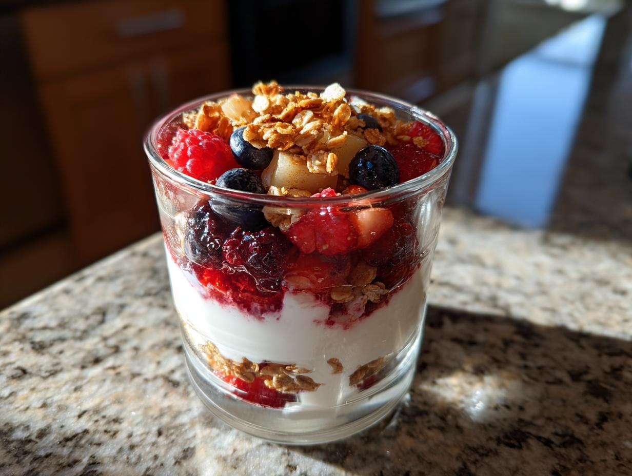 A refreshing yogurt parfait layered with fresh berries, crunchy granola, and yogurt, perfect for breakfast ideas.
