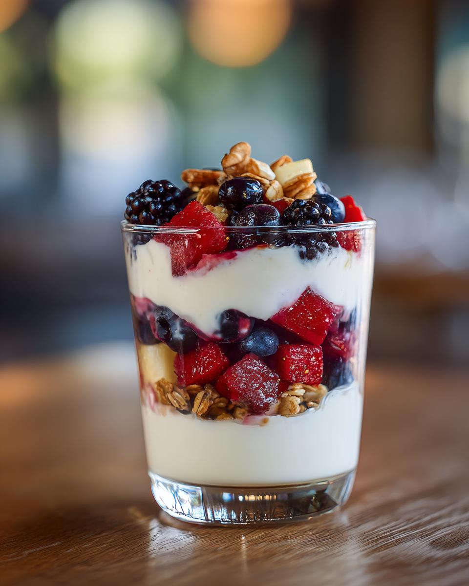 A tall glass filled with layers of yogurt, granola, fresh berries, and nuts, showcasing breakfast ideas for yogurt parfaits.